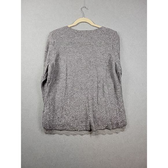 Chico's Samantha Shine Gray Sequined LS V Neck Lace Hem Sweater Women's 4 US 2XL - Picture 6 of 13